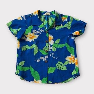 Vintage 70s Bright Tropical Floral Button Up Shirt, Wood Buttons